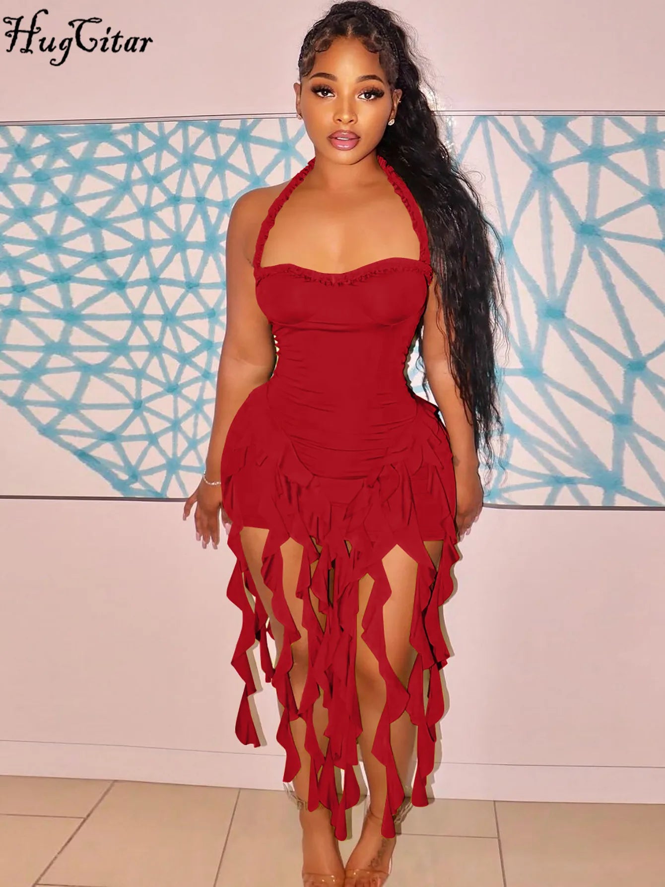 Minivestido elegante y sexy para mujer: estilo halter, liso, con volantes, espalda descubierta y borlas; corte ajustado ideal para primavera, fiestas de cumpleaños y vacaciones.
